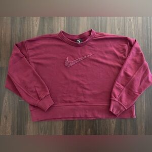 Nike Cropped Boxy Fuzzy Swoosh Women's Maroon Crew Neck Sweater Dri Fit